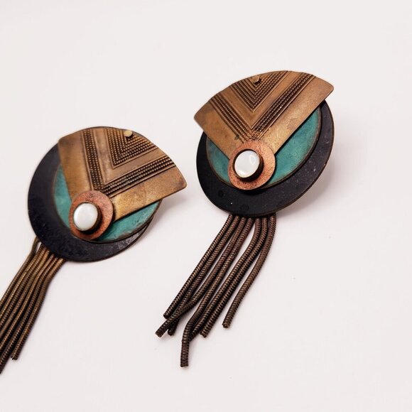 Vintage Painted Mixed Metal Tooled Brass MOP Modernist Modern Drop Earrings - Picture 3 of 5